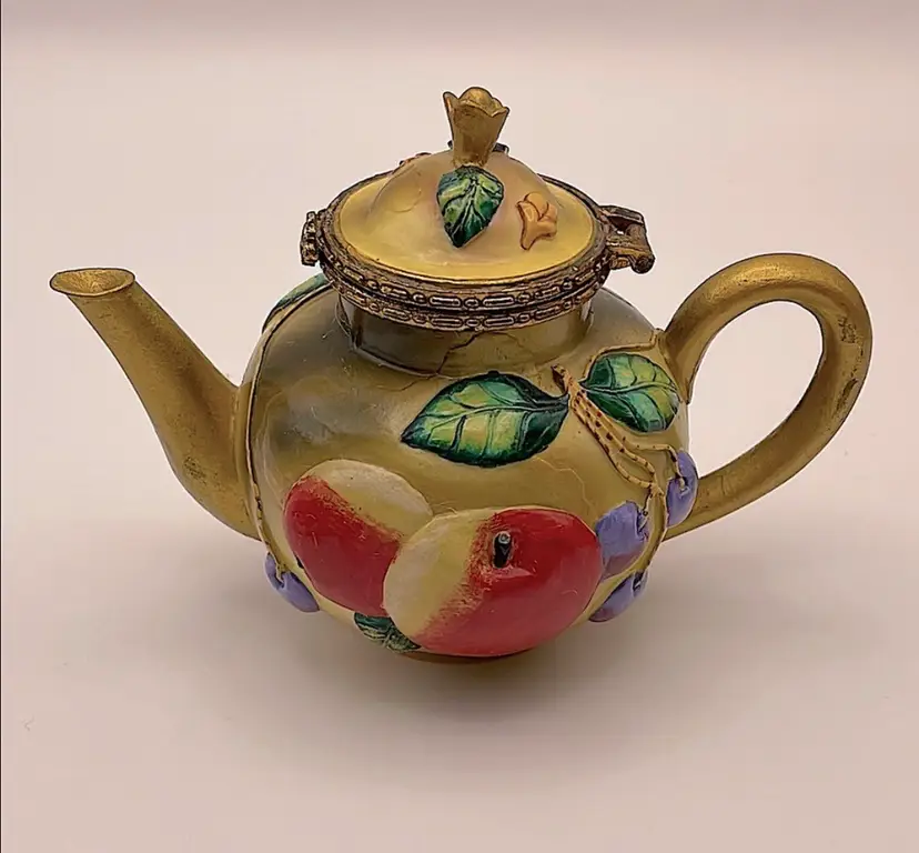 Vintage Nini Royal Worcester Teapot Trinket Box Gold Yellow Fruit Apples Berries Design
