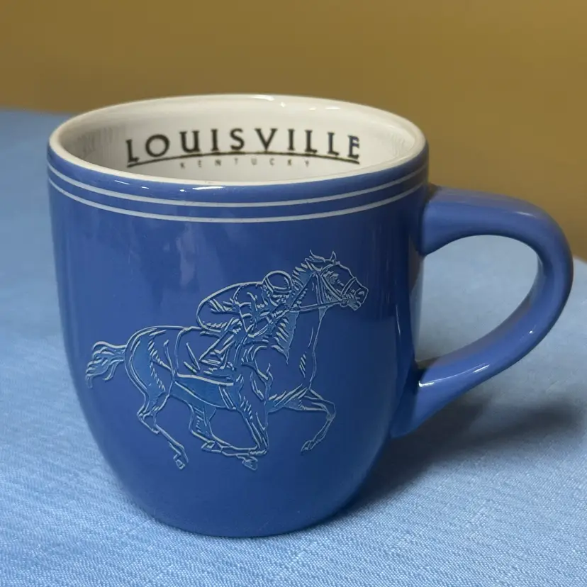 Louisville Kentucky Blue Ceramic Racing Horse Mug with jockey 4” tall