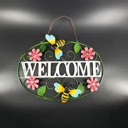 Metal Welcome Sign With Butterflies And Flowers