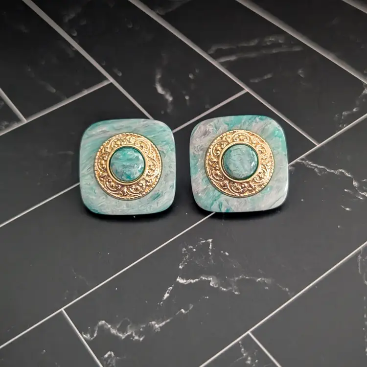 Vintage Stud Earrings Seafoam Green & Gold Tone Large Statement