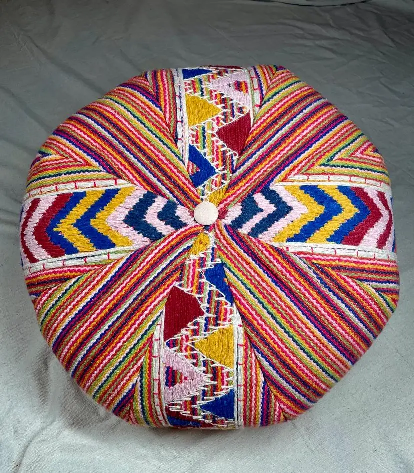 BOHO Multicolor Woven Round Ottoman Floor Seat Cushion Tufted Button Top