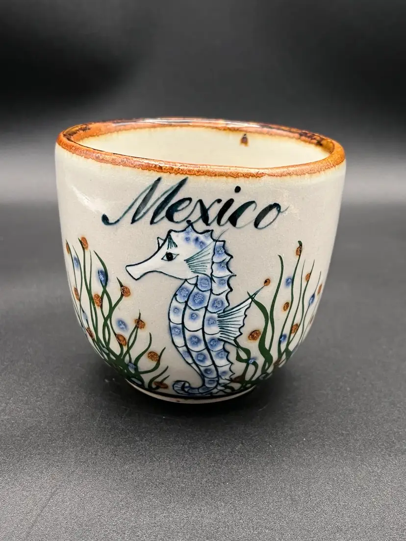 #32 Signed Tonala Mexican Folk Art Pottery Seahorse Coffee Tea Mug 3.5” 🌊