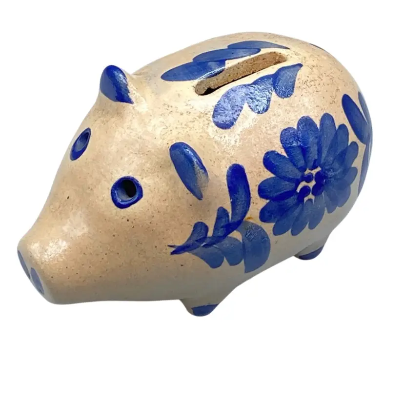 Vintage Pottery Piggy Bank Salt Glaze BBP Signed 1990 Blue Flowers
