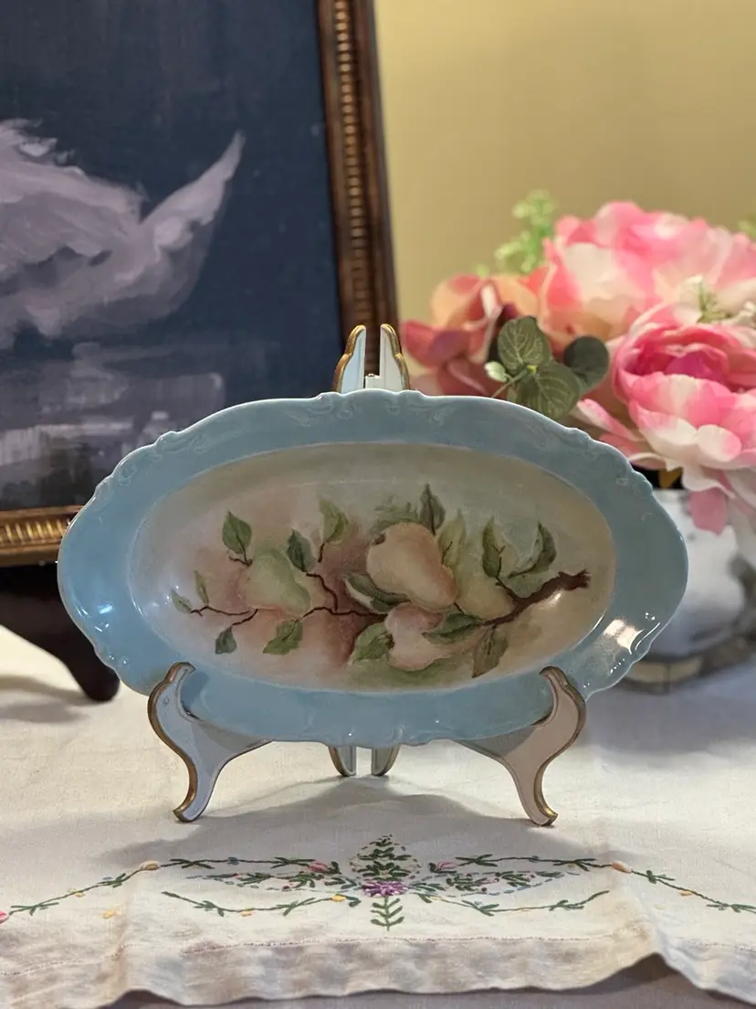 Antique Heinrich H&C Selb Bavaria Hand-Painted Pear Porcelain Oval Bowl