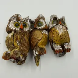 Vintage Wooden Set Of Three Owls Figurines For Decor Or Crafts