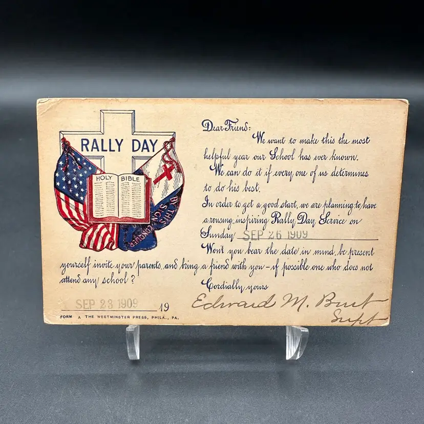 Antique Sunday “Rally Day” Patriotic American Flag & Holy Bible Postcard, Marked 1909 Stamped