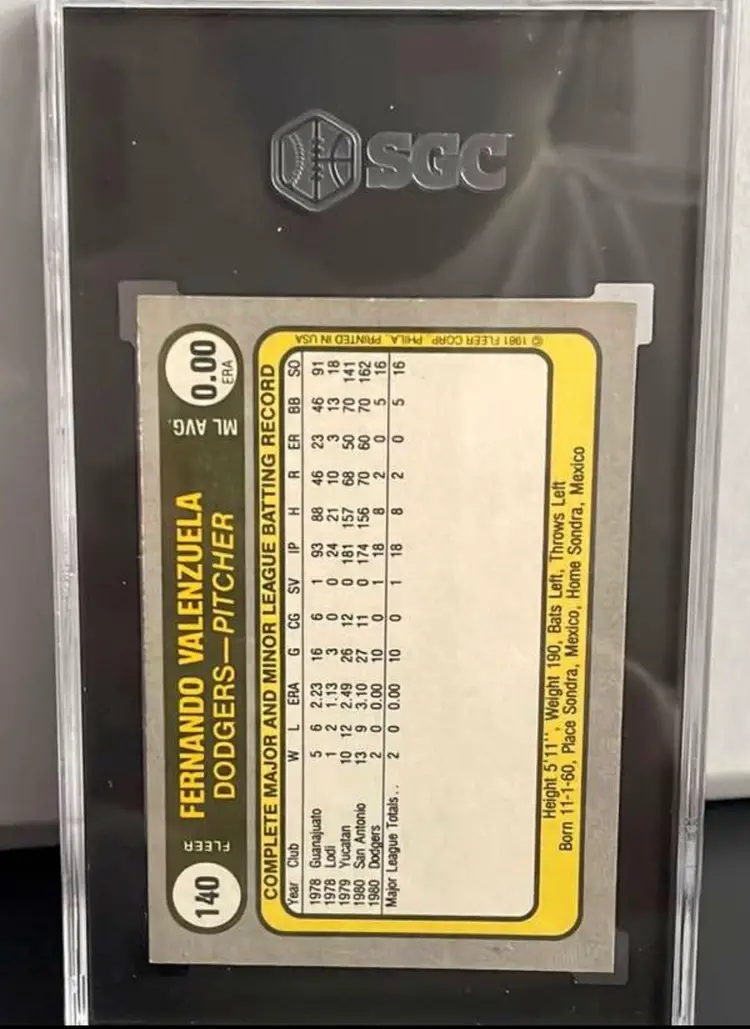 #140 Fernando Valenzuela 1981 Fleer SGC 7 Error Card