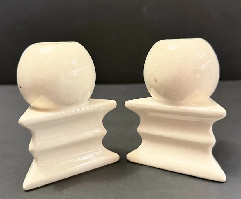 Mid Century Modern Decor White Ball And Triangle Pedestal Ceramic Candleholders