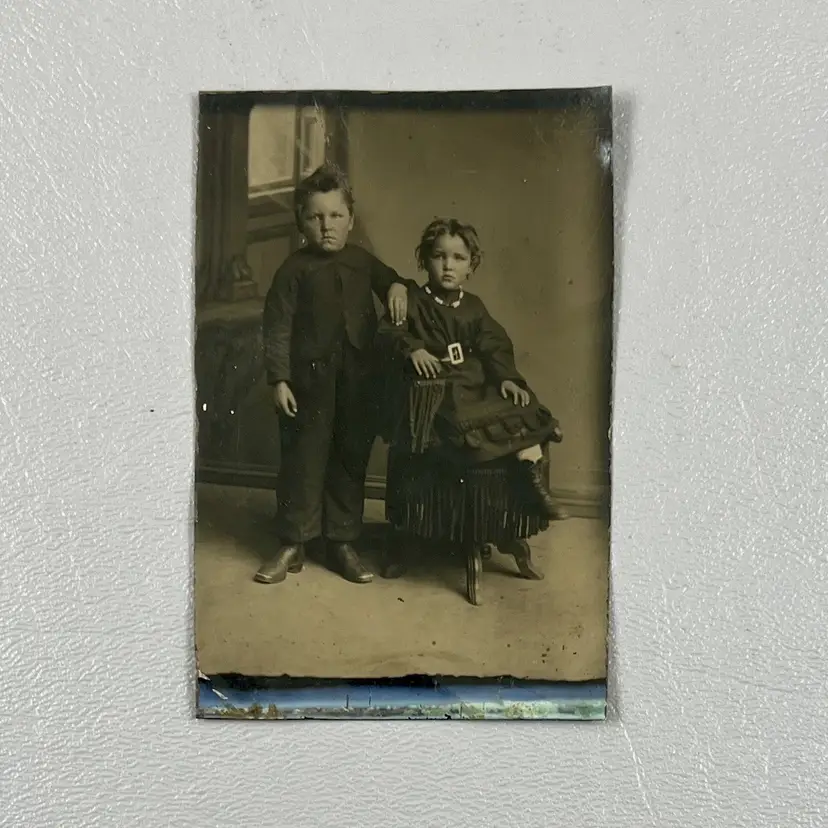Antique Photo Portrait Tintype Tin Type Children Boy Girl Family Siblings