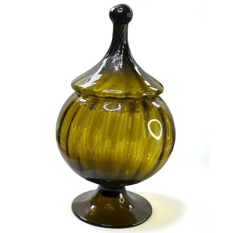 Vintage Italian Empoli Avocado Green Glass  Circus Tent Apothecary Jar 1960s - 11”