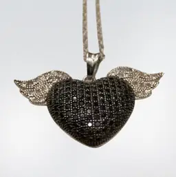 Sterling Silver with 1 CTTW Round Shape Natural Spinel and White Zircon Winged Black Heart Pendant w 18" Sterling Chain