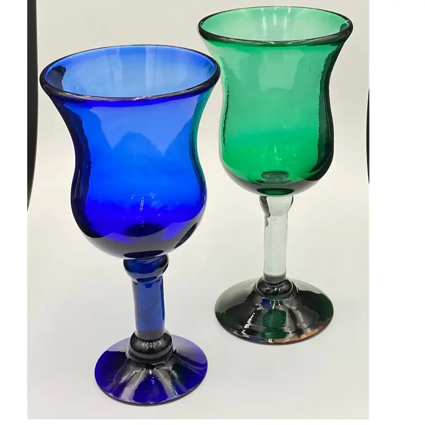 2 New Mexican Hand-Blown Stem Goblets, Recycled Glass, Cobalt/Emerald, 8" & 8.3"