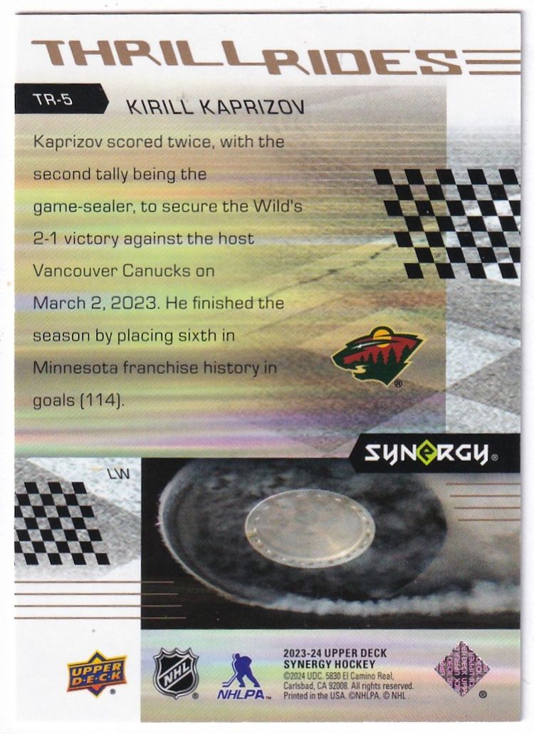 2023-24 Synergy Thrill Rides #TR5 Kirill Kaprizov Minnesota Wild Hockey Card