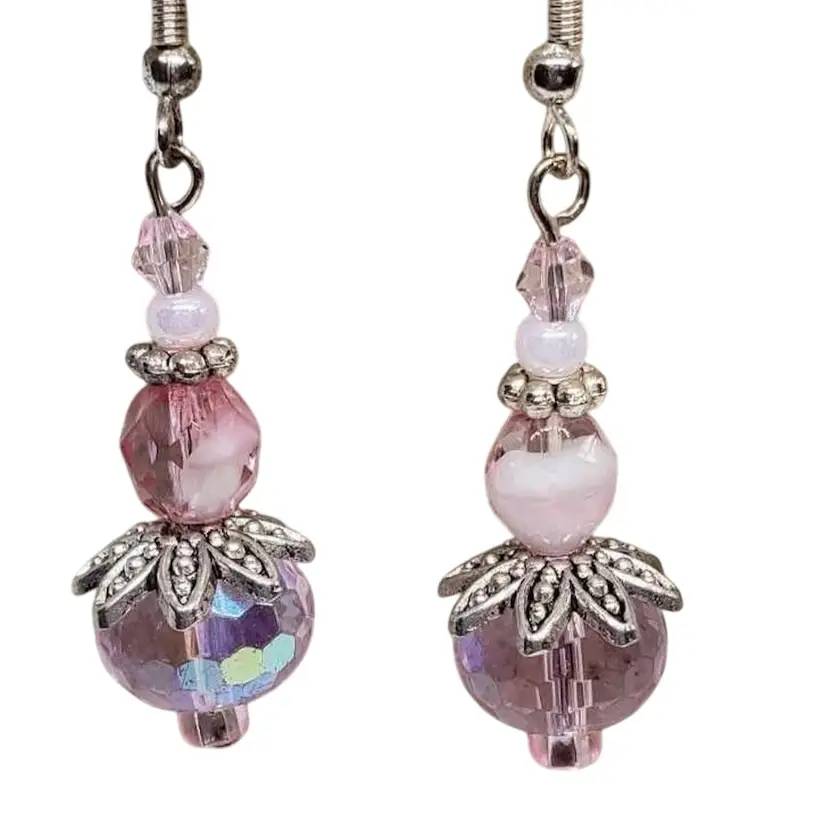Handcrafted Pink Czech Crystal Bead Earrings