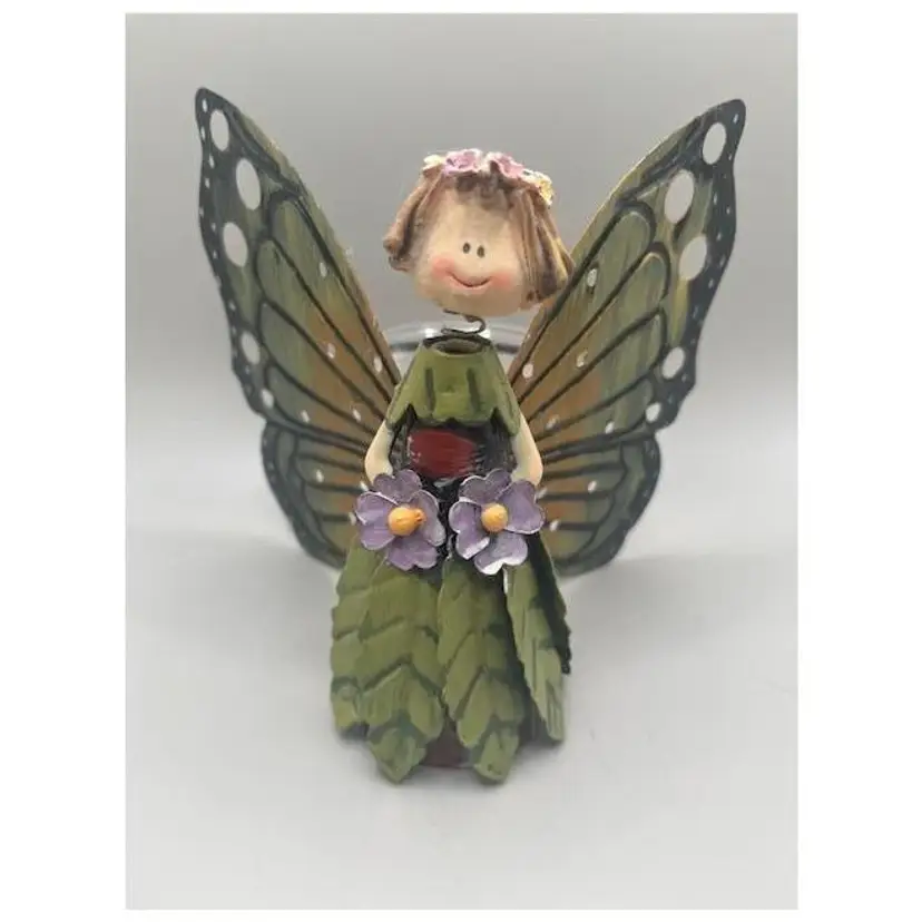 Whimsical Smiling Fairy Votive Candle Holder ~ Floral Details ~ 4.75 inches Tall