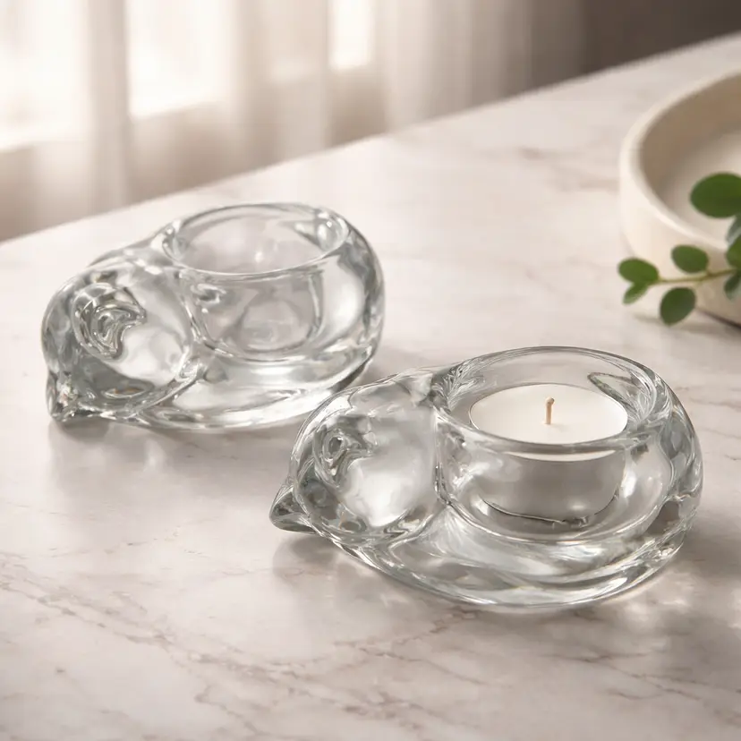 2 Vintage Indiana Clear Glass Sleeping Cat Votive Candle Holders