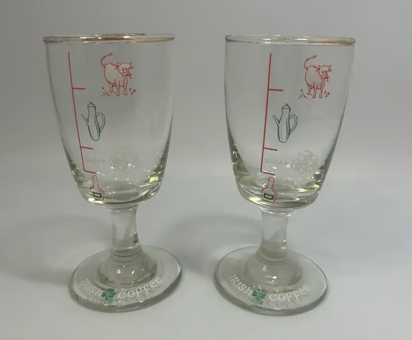 Vintage Irish Coffee Clear Glass Measurement Graphics Stemmed Set of 2