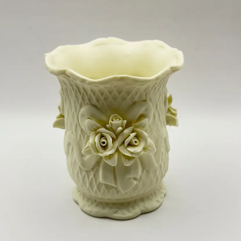 Vintage Ivory Porcelain Planter Vase Rose Motif, Elegant Floral Decor, Unbranded