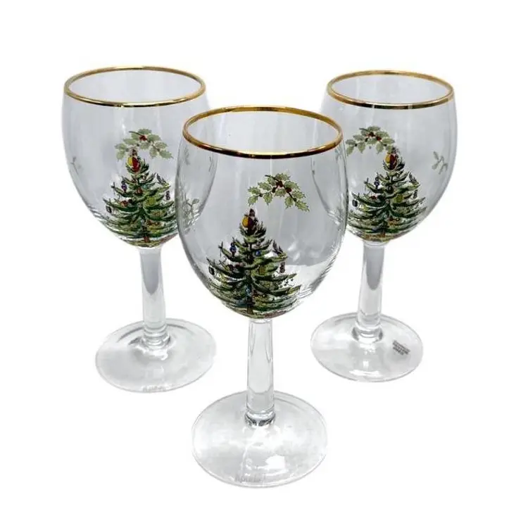 Spode Christmas Tree Wine Glasses With Gold Rim - Set of 3