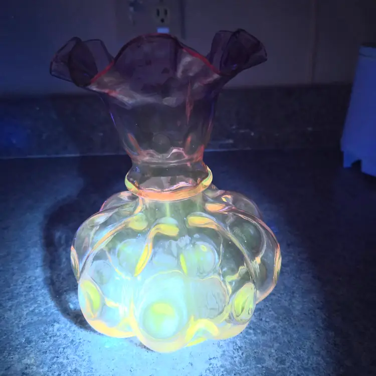 232  Fenton Diamond Optic Melon Vase Cranberry GLOWS 8"