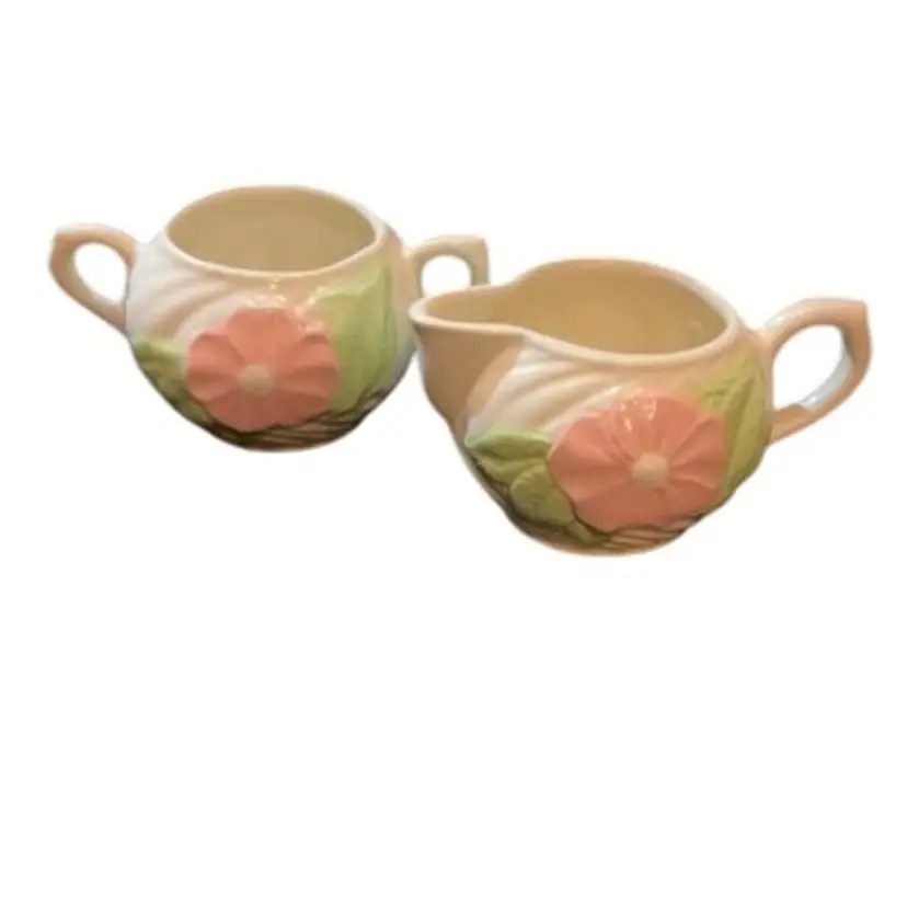 American Bisque Pottery Cream And Sugar APCO Pink Flower Ivory Swirl