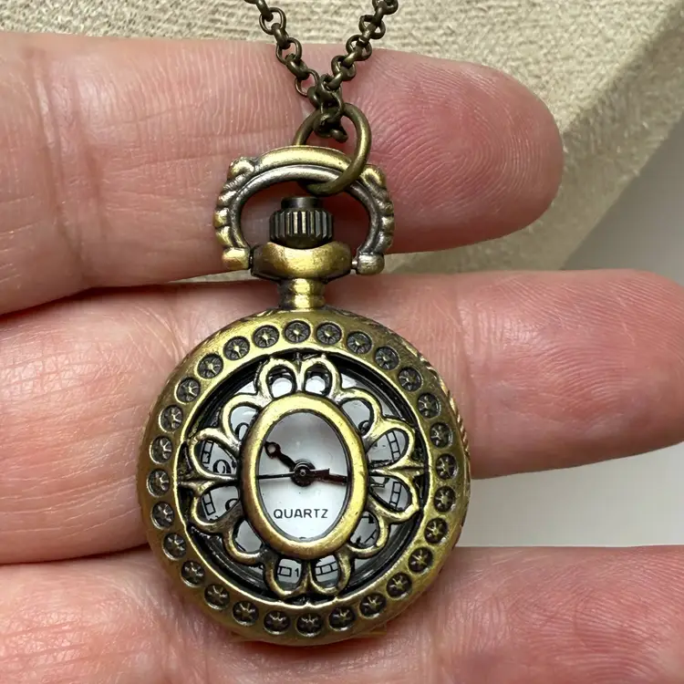Brass Tone 30" Watch Locket Pendant Necklace Quartz Movement NEEDS BATTERY