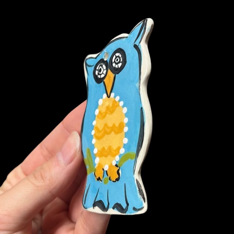 Heather Lane Pottery Owl Ornament, Art Pottery Owl Ornament, Blue Owl Pottery Ornament, Ceramic Owl Wall Art, Michigan Artist Pottery