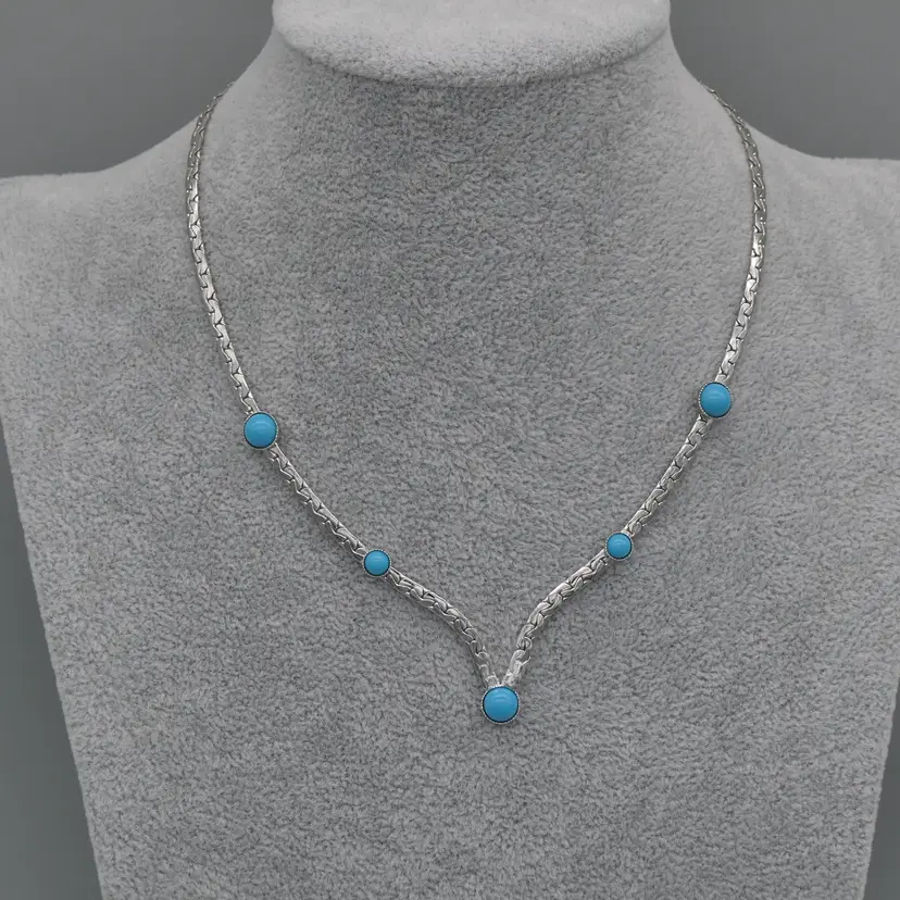 Vintage Southwestern Faux Turquoise Cabochon V Choker Necklace Silver Tone Sarah Coventry 15.5"