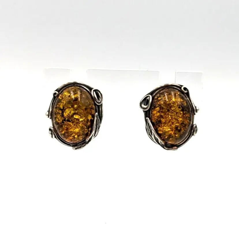 Baltic Amber Sterling Silver Earrings 925 Art Nouveau Style Post Vintage