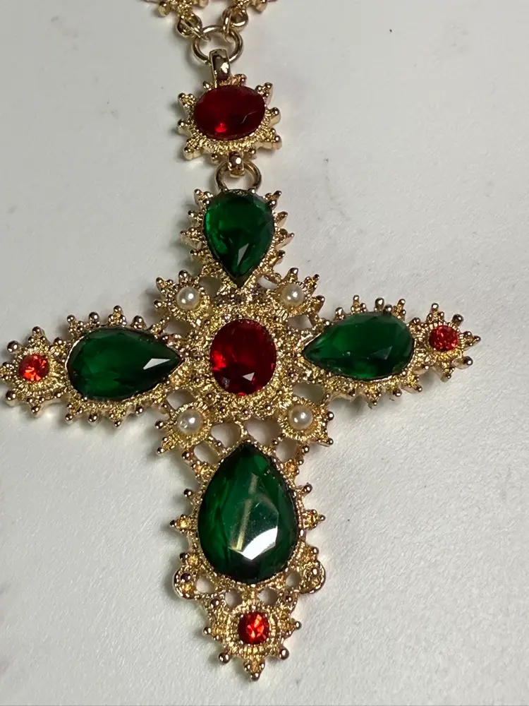 Gold Tone Cross Necklace with Red and Green Glass Stones – Vintage-Style Statement Jewelry