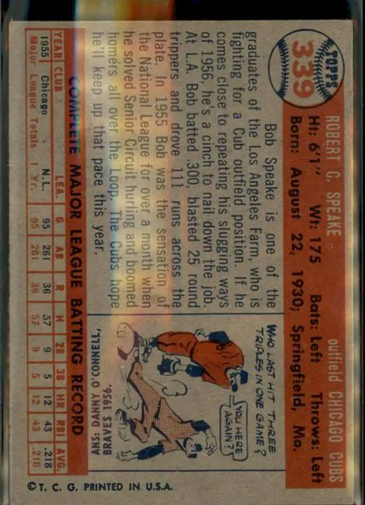 1957 Topps #339 Bob Speake - ( pk1 ) - Chicago Cubs