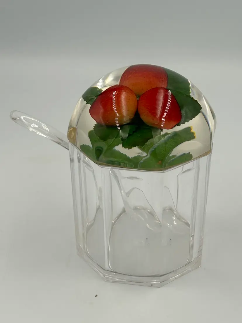 Vintage 1960s Lucite Jam , Jelly Jar Strawberries And Spoon