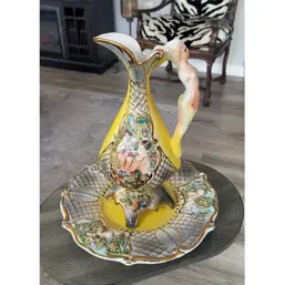 Antique Capodimonte SAAS Gold Gilt Pitcher Woman Handle and Under Plate