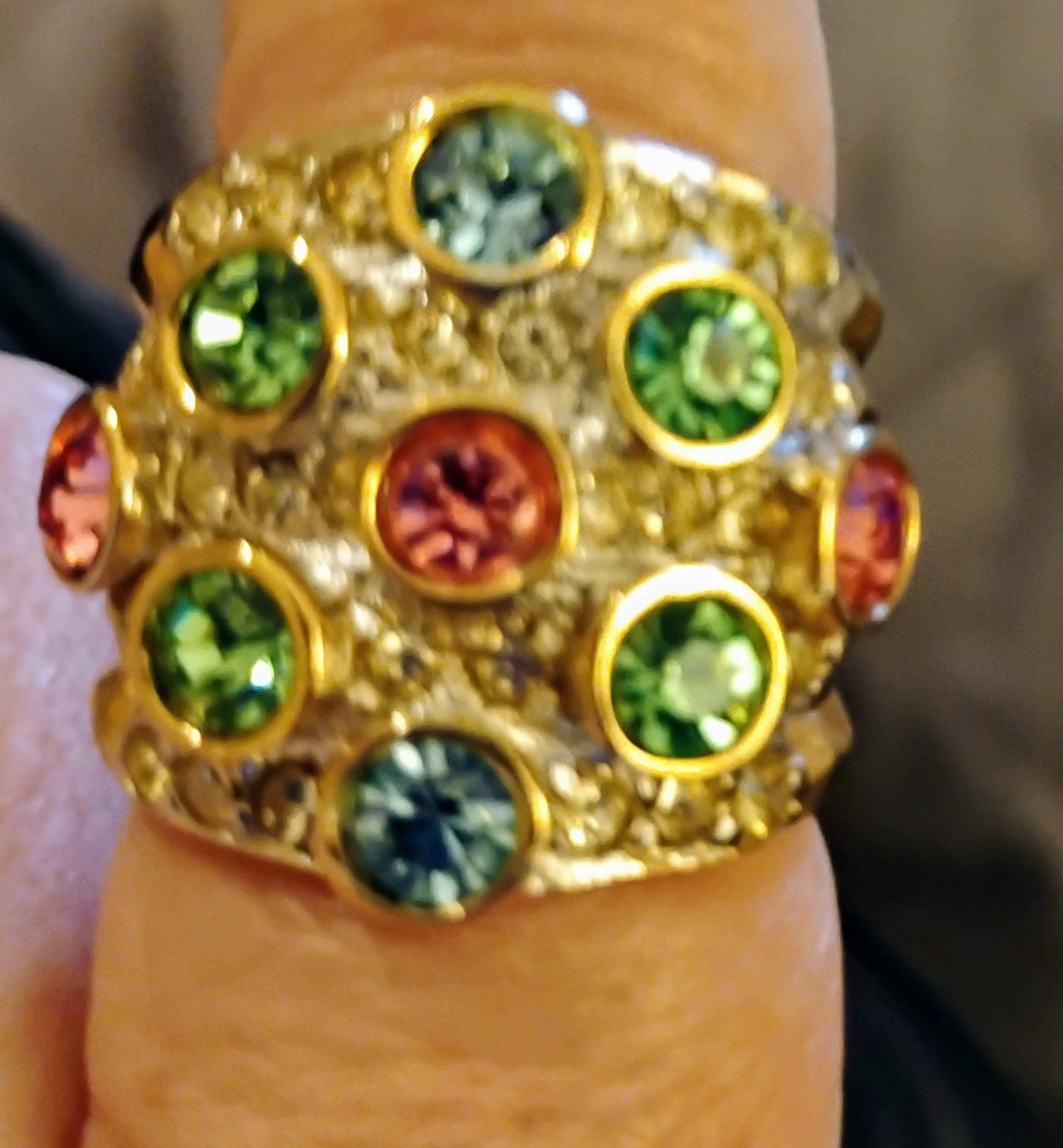 Providence Vintage Jewelry, Pave Pastel Multicolor Austrian Crystals, Ring, size 7, 18kt yellow gold, electroplated