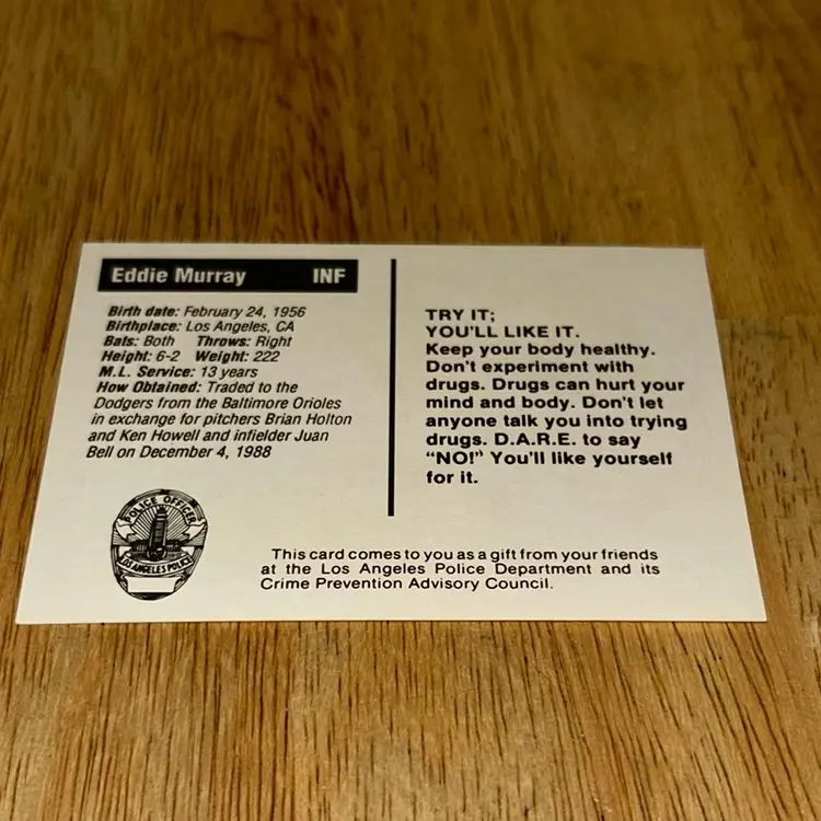 1991 Eddie Murray Los Angeles Dodgers Police Card # 33