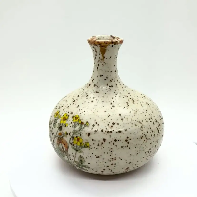 Vintage Speckled Stoneware Bud Vase Weed Pot Yellow Flower Counterpoint Japan