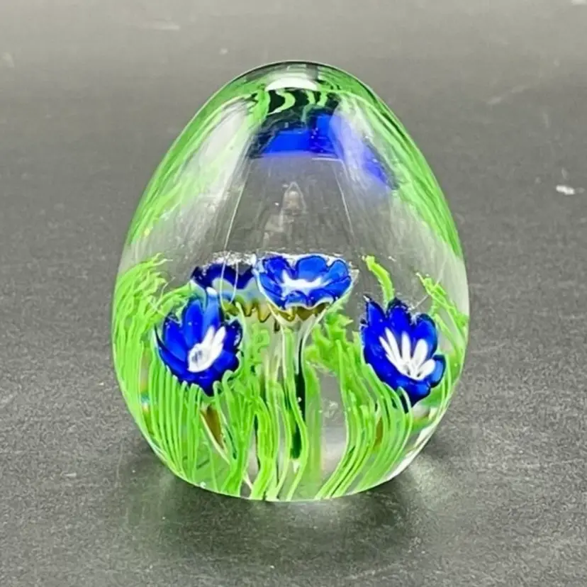 Murano Art Glass Blue White Flowers Paperweight Polished Bottom Italian Glows