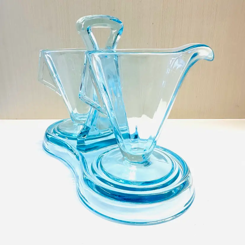 Vintage Bright Blue Sugar Creamer Set Tray Glass Glows Under UV Light