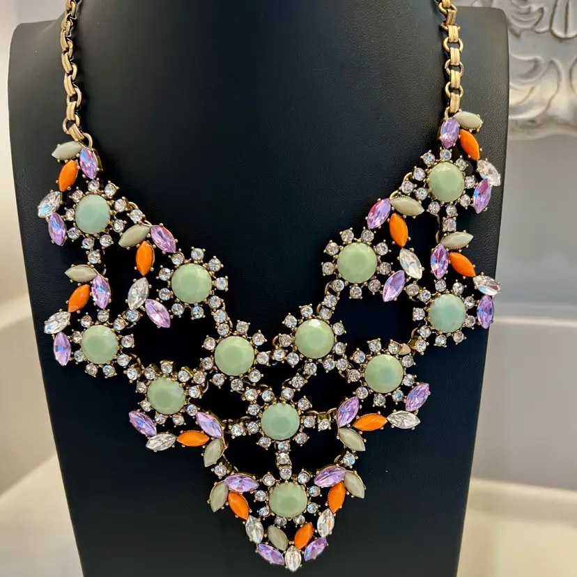 Vintage J Crew GLOWER Clear Crystal Lavender Celery Green Orange Rhinestone Statement Necklace