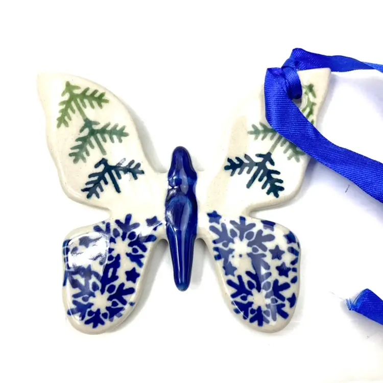Polish Pottery Butterfly Holiday Christmas Ornament Prancing Reindeer Snowflakes