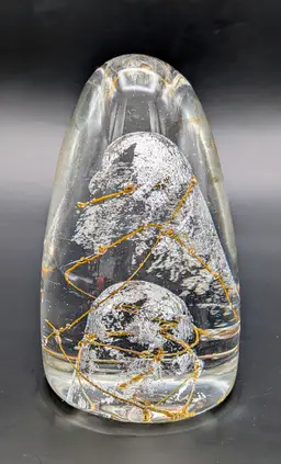 Vintage Colleen Ott Paperweight, Clear with Gold & Silver Spun Detailing. Signed