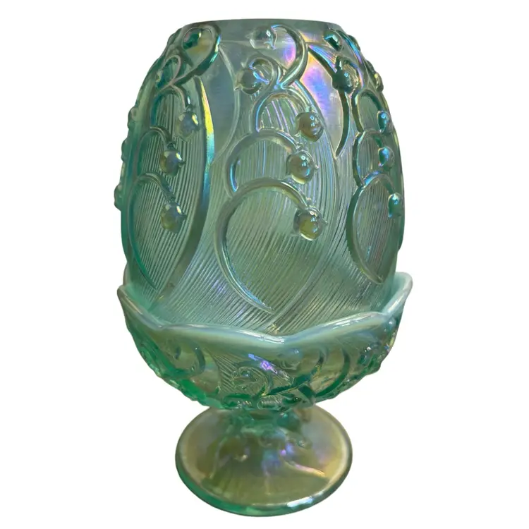 FENTON GLASS Mint Green OPALESCENT "LILY OF THE VALLEY" FAIRY LAMP 2 pc 7.5"