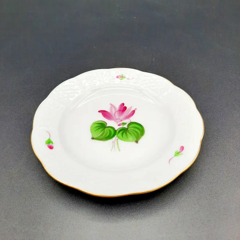 Herend Pink Purple Flower Flower Floral Trinket Dish Bread & Butter Plate