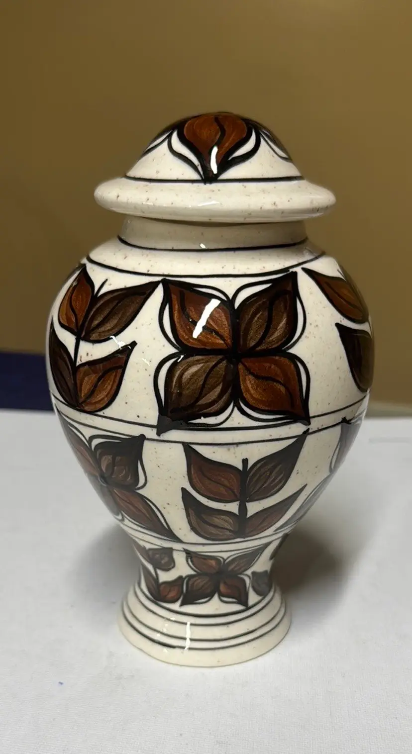 Hawaiian “HAWAII” Tapa Ceramic Lidded jar hand painted 7 1/2”, Pohaku kiln