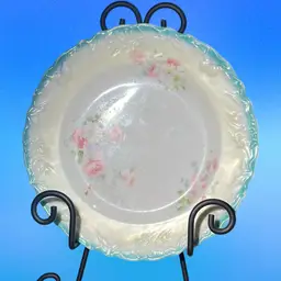 Antique Hand-painted porcelain serving bowl with teal rim and pink roses. Circa 1890-1910. Bavaria, Germany Approximately 8”