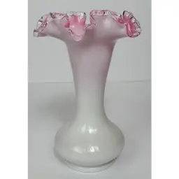 Fenton Silver Crest Pink White Cased Glass 8" Vase W/ Clear Ruffled Edge