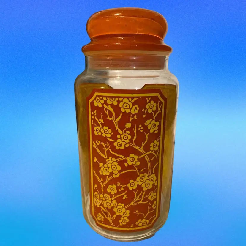 Vintage Jar with Fun Retro Yellow Flower Design, Orange Glass Lid
