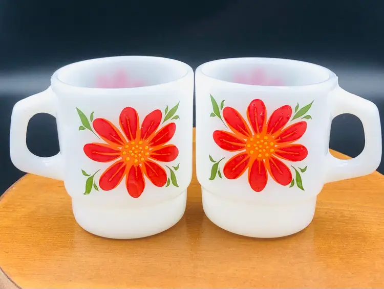 2 Fire King Oven Safe Poppy Milk Glass Coffee Cups
