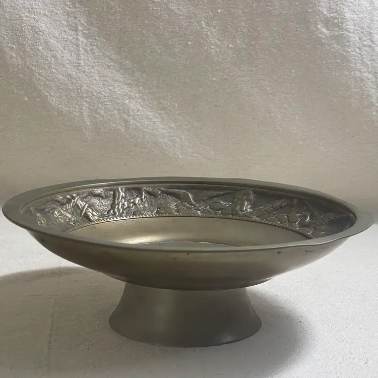 Vintage Brass Footed Bowl Dish Cranes Storks Korea Mid Century Decor Patina