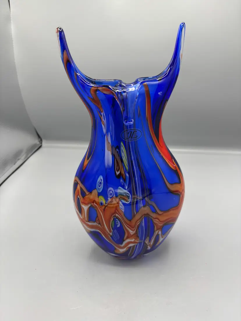 Vintage Blue art glass abstract orange & white swirl with horns